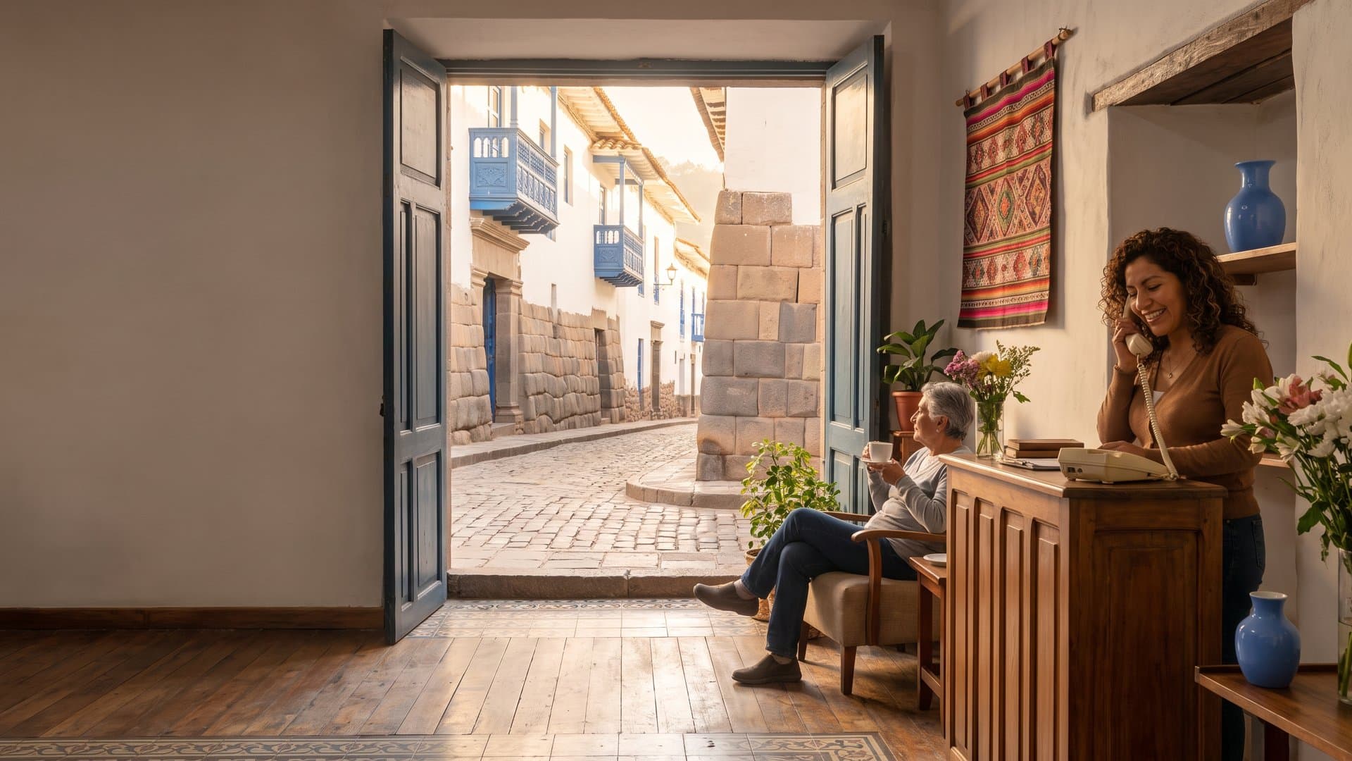 Mujer sonriente habla por teléfono en la recepción de una casa colonial de Cusco; por la puerta abierta se ven los muros incas