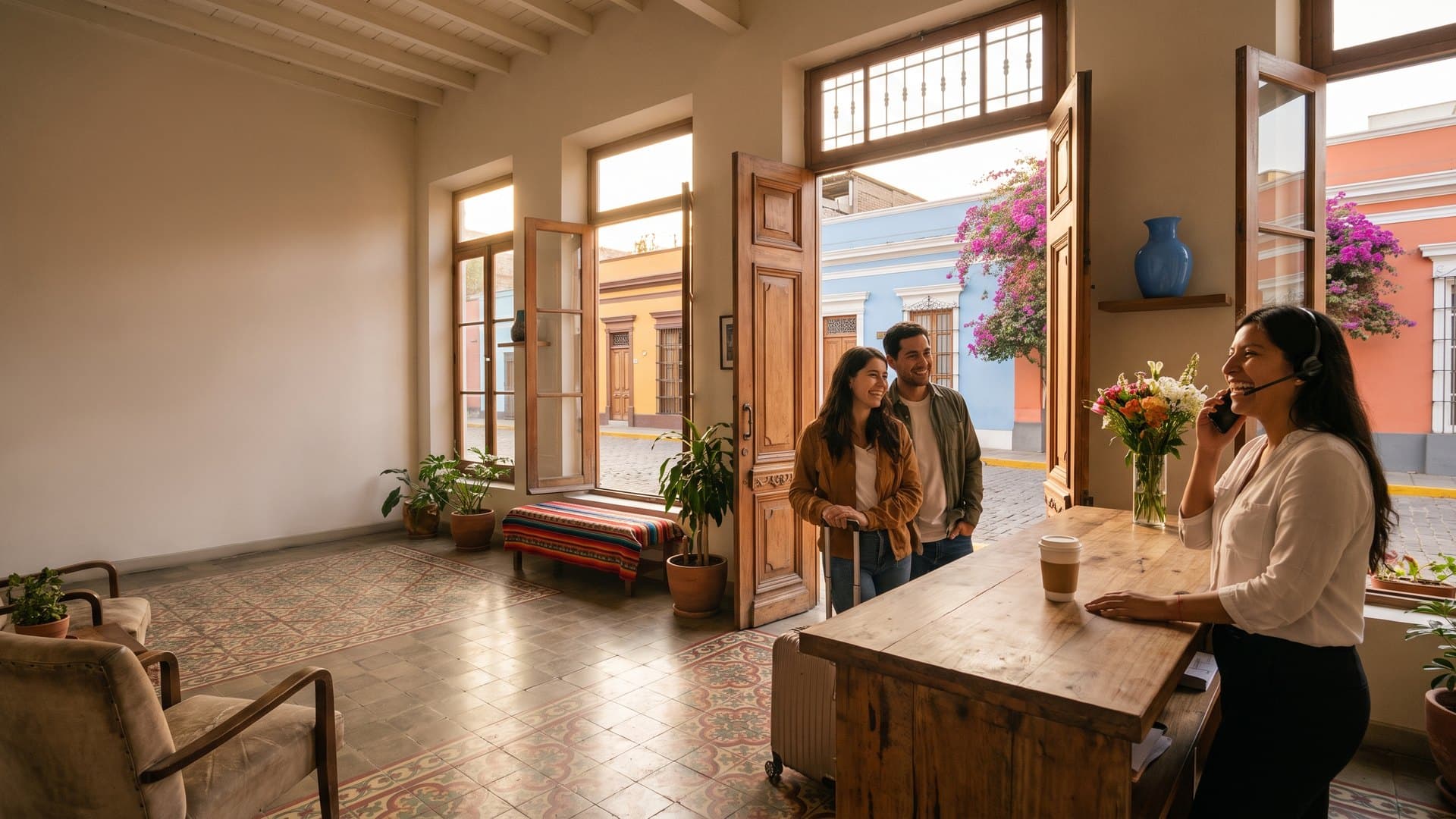 Recepcionista sonriente al teléfono en la recepción de un pequeño hotel boutique en una casona republicana de Barranco, Lima; una pareja con su maleta espera feliz y por las puertas abiertas se ven las casas de colores y las buganvillas de la calle