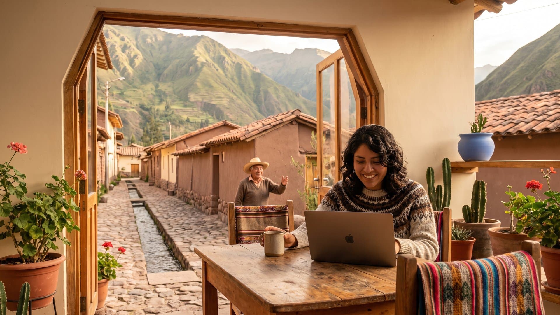 Dueña de una casa de huéspedes responde el chat de su sitio web desde la terraza