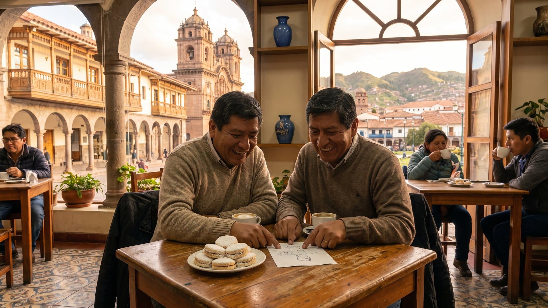 Pareja que tiene una pequeña panadería revisa un plan sencillo con un café