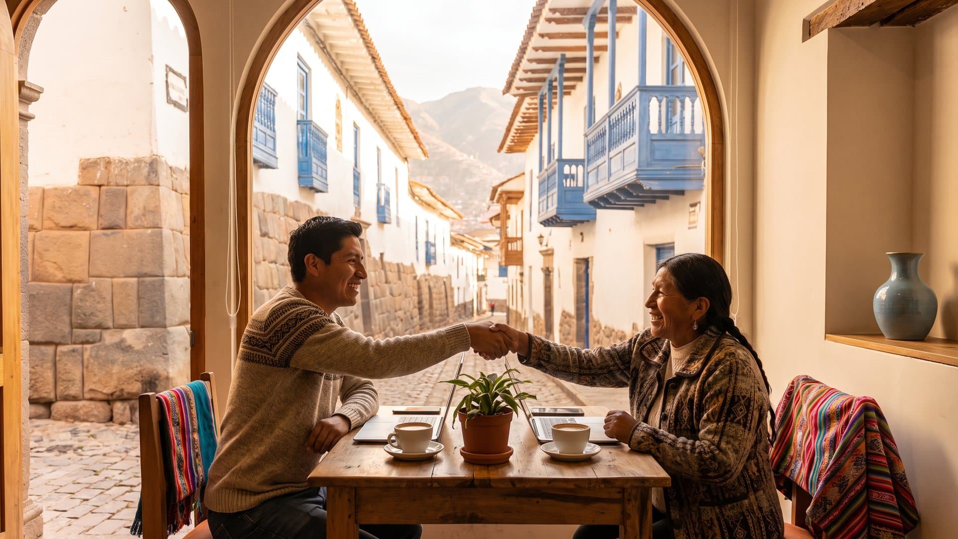 Dos pequeños empresarios se dan la mano en un coworking luminoso